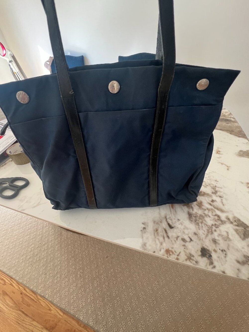 Vintage Prada 2000s Navy Nylon Black Leather Tote Bag Purchased in Italy